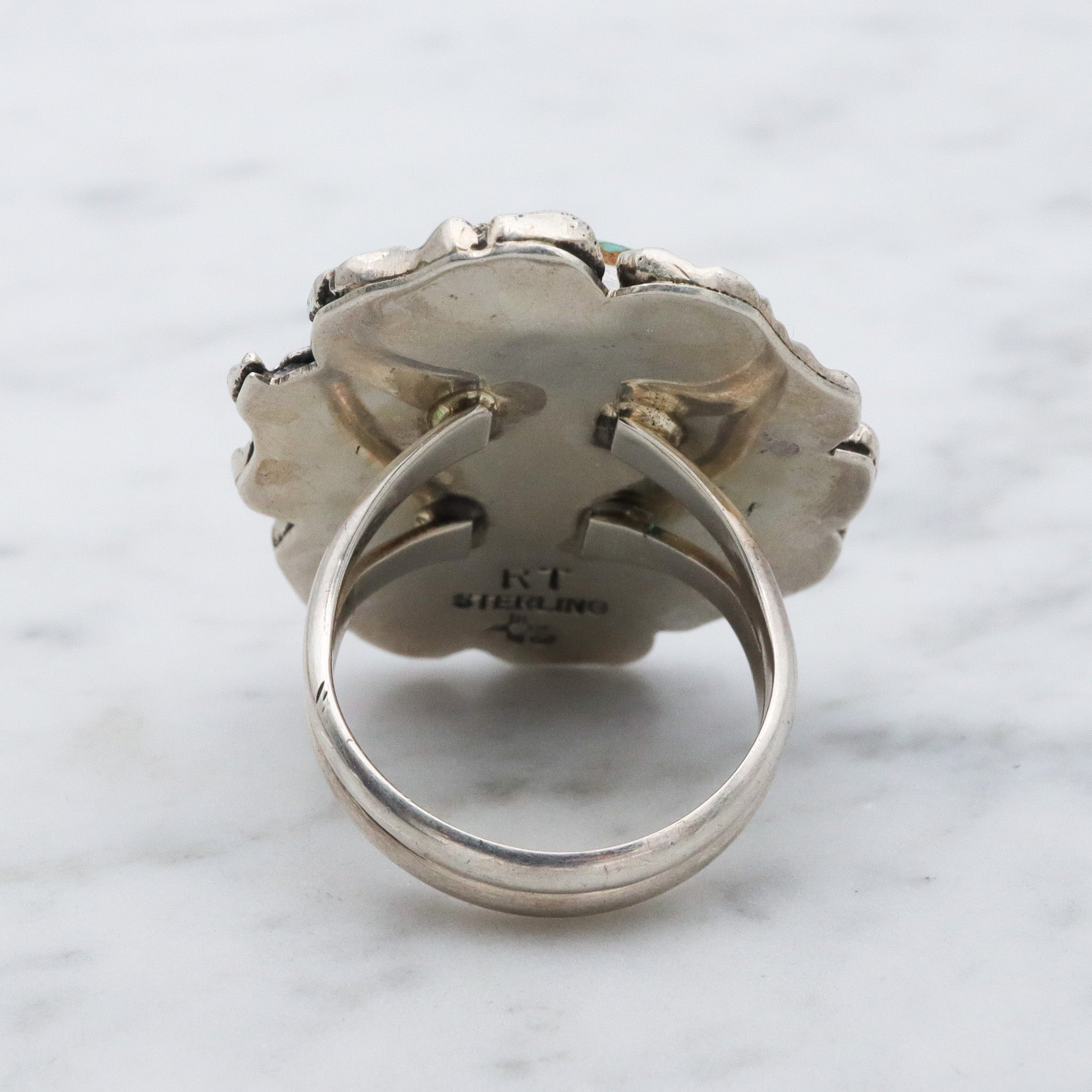 Vintage Navajo Brutalist sterling silver & turquoise ring by Ronald Tom, sz 8